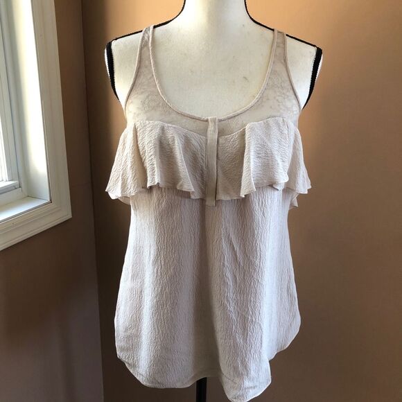 REBECCA TAYLOR WOMENS 2 BEIGE TAN SILK LACE RUFFLE CAMI TANK BLOUSE - Picture 4 of 11